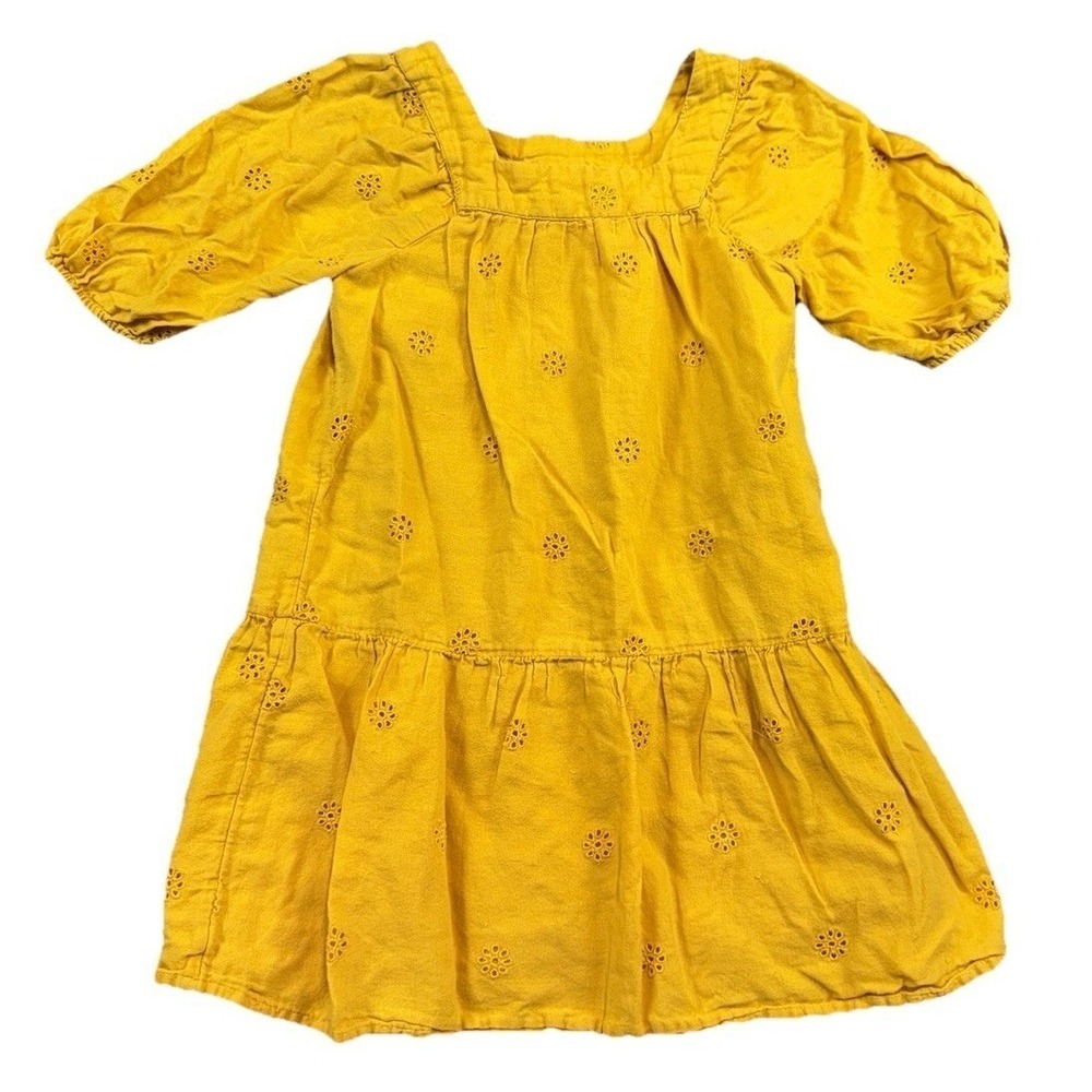 Cat & Jack Girls Eyelet Woven Short Sleeve Dress Mustard Yellow XS 4/5 Boho